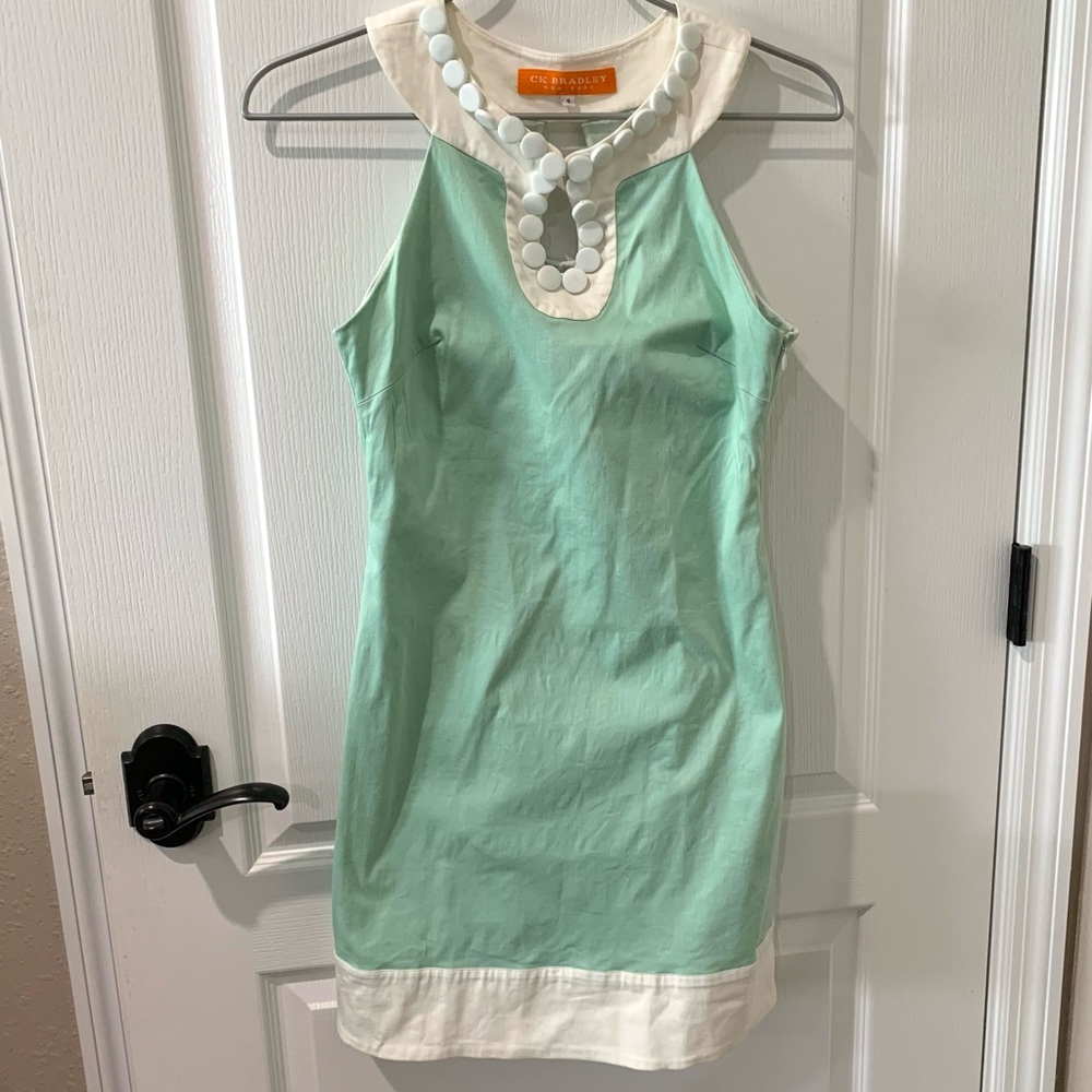 CK Bradley Green and White Sleeveless Dress with Embellished Neckline Sz 6
